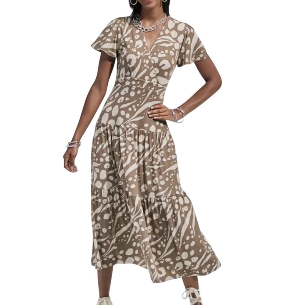 CAbi Swoon Brown Printed Faux Wrap Cinch Back Style #6147 Maxi Dress‎ S